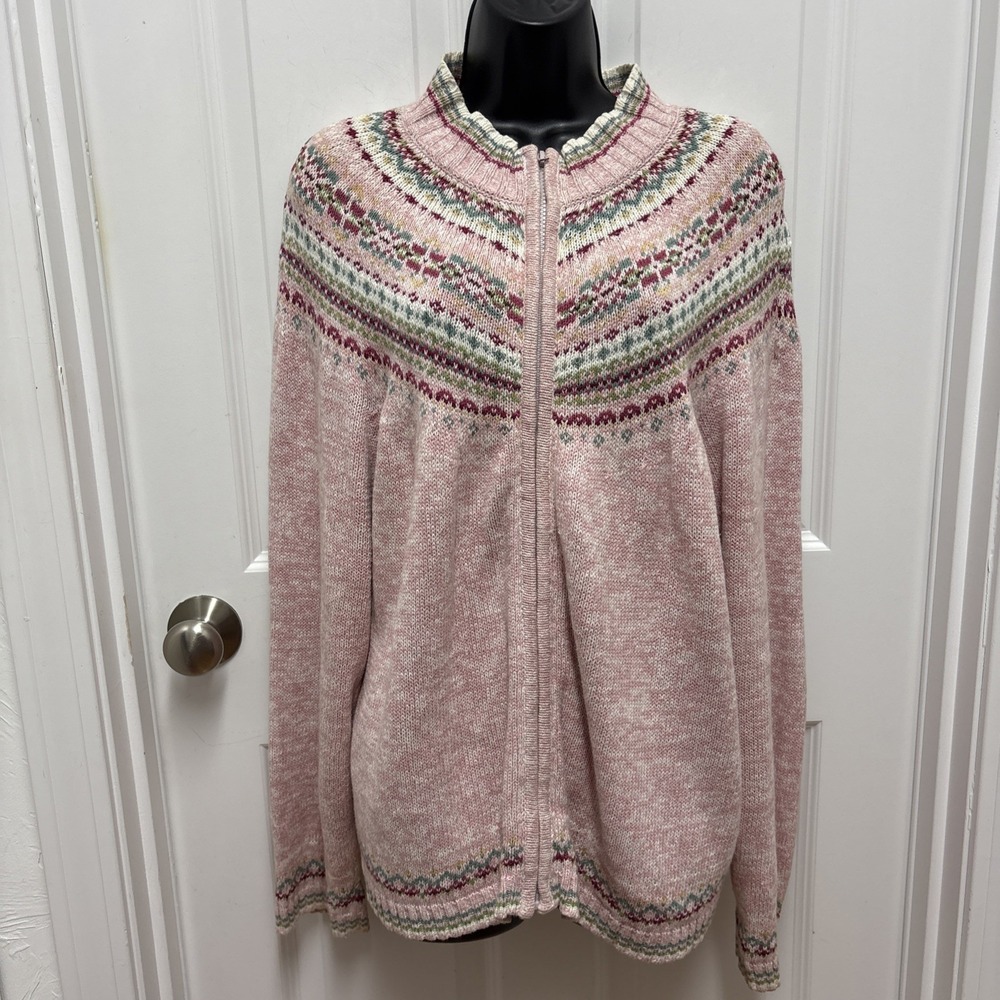 Tiara International Vintage Pink Fair Isle‎ Zipper Front Sweater Sz XL